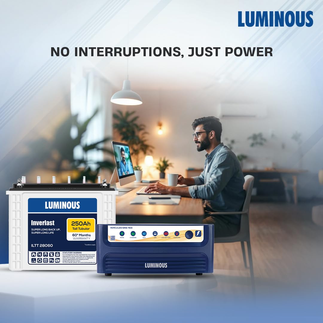 Luminous Hercules 1500 Pure Sine Wave 1400VA/12V Inverter + ILTT28060 250Ah Tall Tubular Battery Combo for Home, Office & Shops