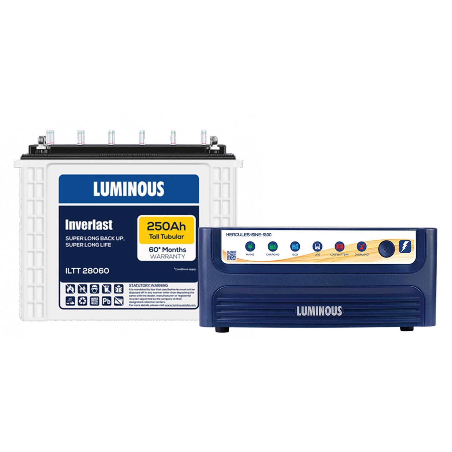 Luminous Hercules 1500 Pure Sine Wave 1400VA/12V Inverter + ILTT28060 250Ah Tall Tubular Battery Combo for Home, Office & Shops