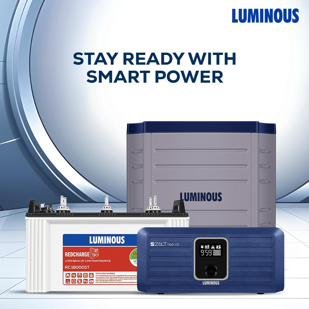 Luminous Inverter & Battery Combo with Trolley for Home, Shop & Office – Zolt 1100 (900VA/12V) Pure Sine Wave Inverter + RC18000ST 150Ah Short Tubular Battery | 36M Warranty on Inverter & Battery