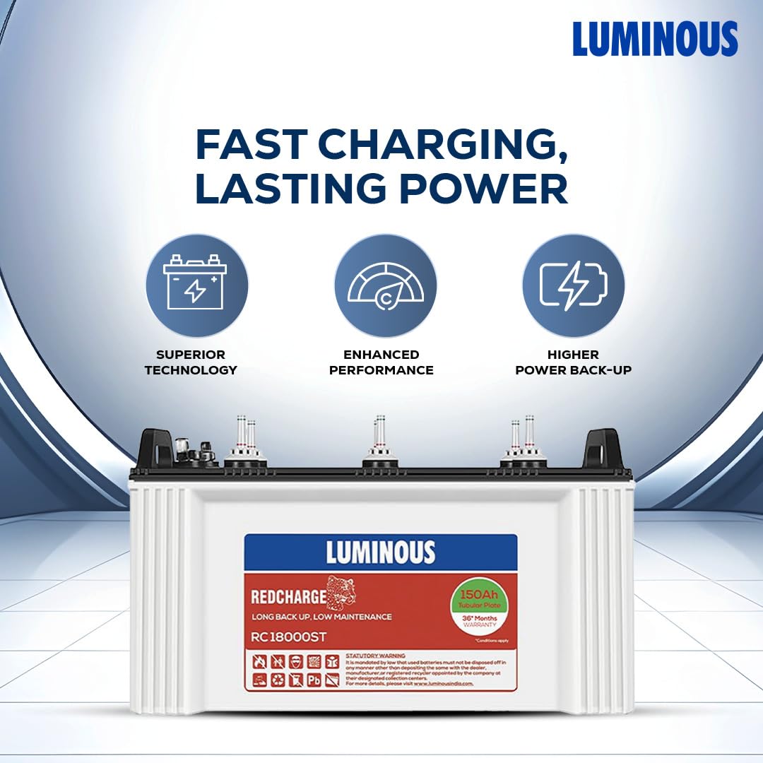 Luminous Inverter & Battery Combo with Trolley for Home, Shop & Office – Zolt 1100 (900VA/12V) Pure Sine Wave Inverter + RC18000ST 150Ah Short Tubular Battery | 36M Warranty on Inverter & Battery