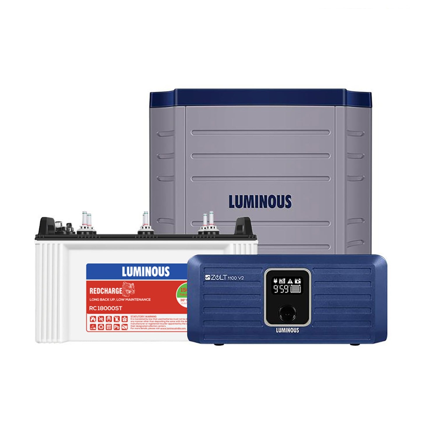 Luminous Inverter & Battery Combo with Trolley for Home, Shop & Office – Zolt 1100 (900VA/12V) Pure Sine Wave Inverter + RC18000ST 150Ah Short Tubular Battery | 36M Warranty on Inverter & Battery