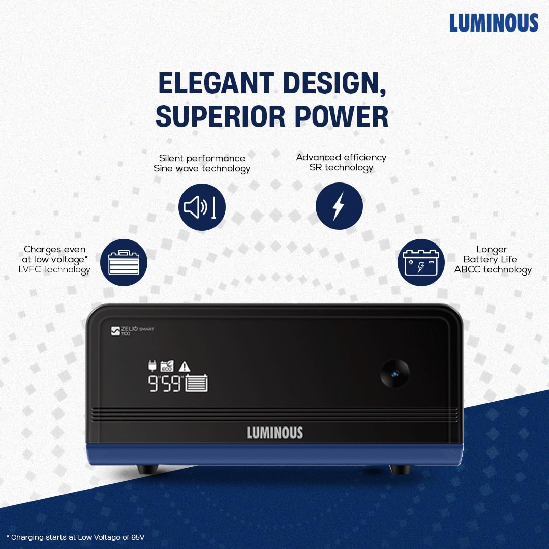 Luminous Inverter & Battery Combo for Home, Shop & Office – Zelio+ 1100 (900VA/12V) Pure Sine Wave Inverter + RC25000 200Ah Tall Tubular Battery | 36M Warranty on Inverter & Battery