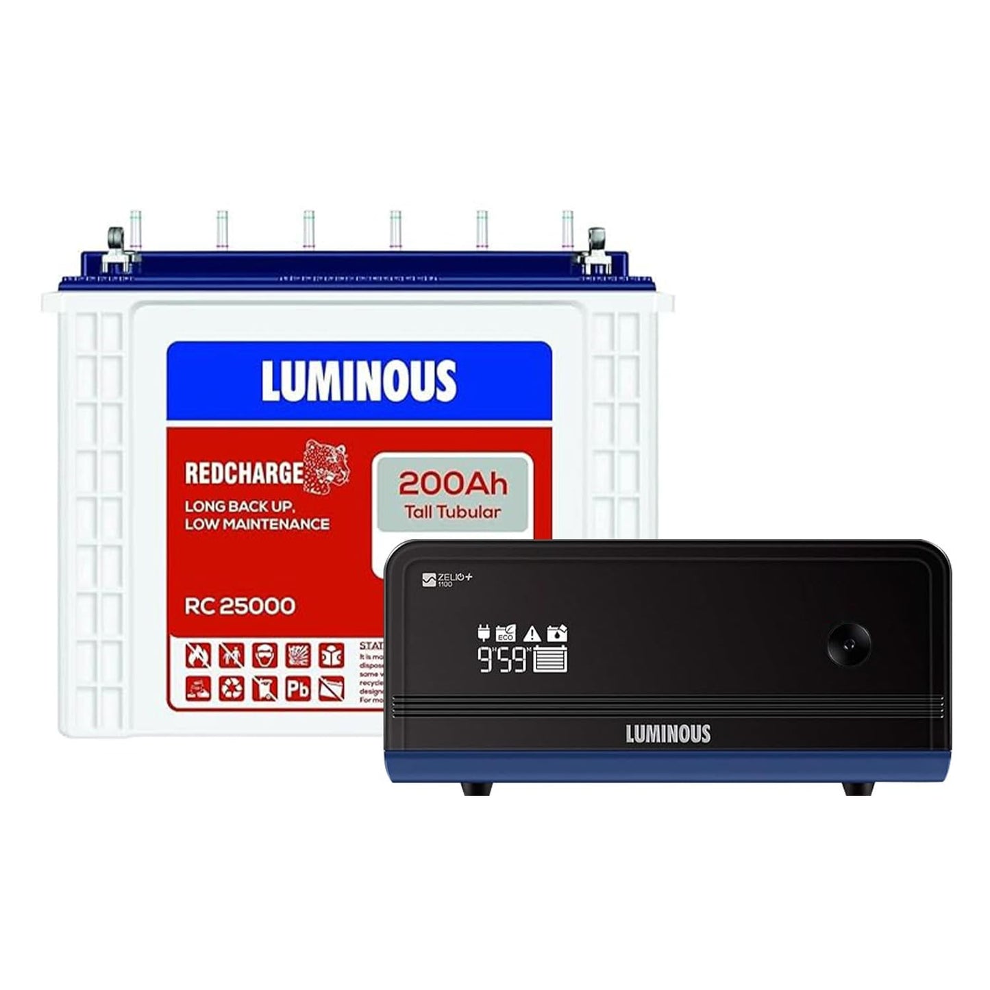 Luminous Inverter & Battery Combo for Home, Shop & Office – Zelio+ 1100 (900VA/12V) Pure Sine Wave Inverter + RC25000 200Ah Tall Tubular Battery | 36M Warranty on Inverter & Battery