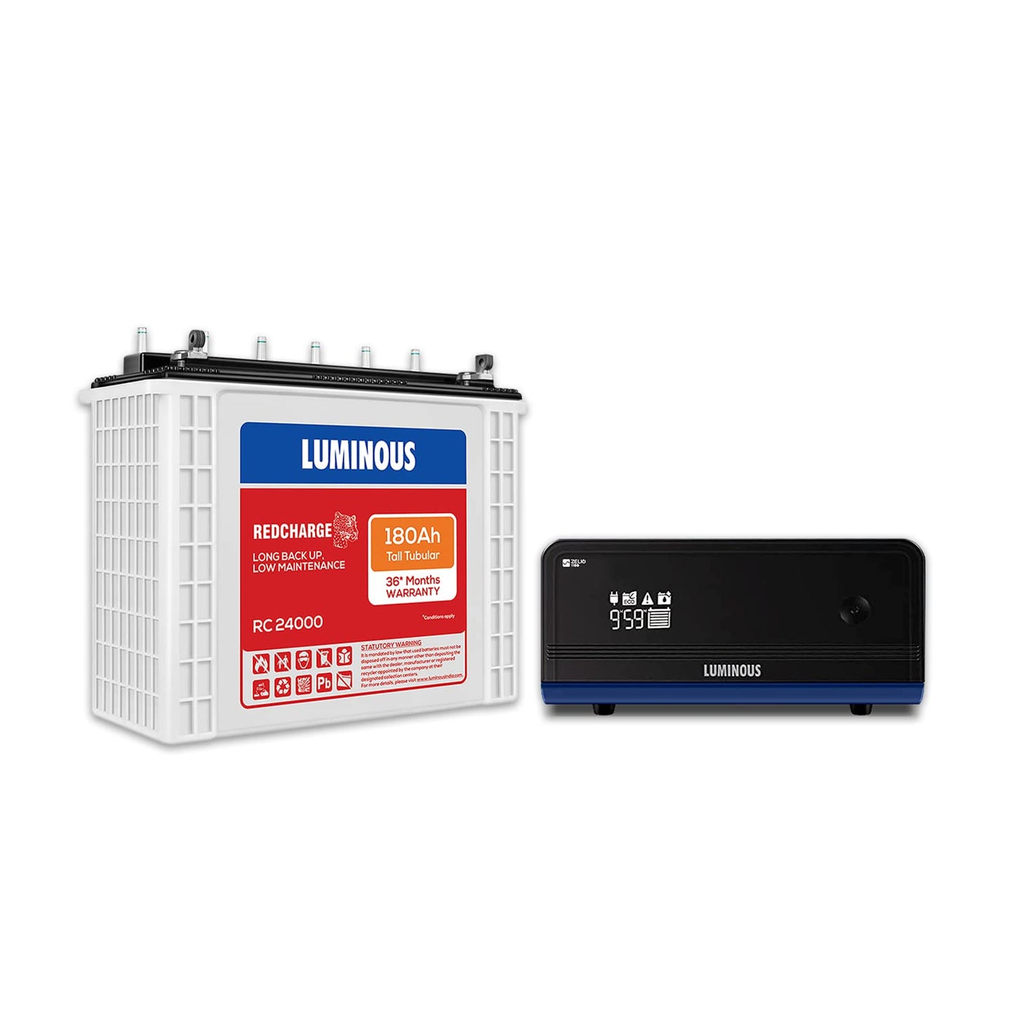 Luminous Inverter & Battery Combo for Home, Shop & Office – Zelio+ 1100 (900VA/12V) Pure Sine Wave Inverter + RC24000 180Ah Tall Tubular Battery | 36M Warranty on Inverter & Battery