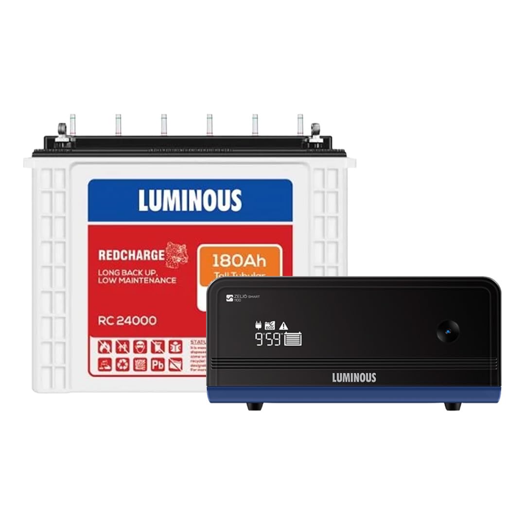 Luminous Inverter & Battery Combo for Home, Shop & Office – Zelio+ 1100 (900VA/12V) Pure Sine Wave Inverter + RC24000 180Ah Tall Tubular Battery | 36M Warranty on Inverter & Battery