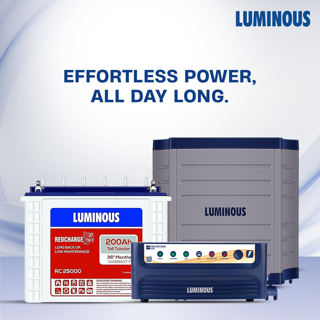 Luminous Inverter & Battery Combo with Trolley for Home, Shop & Office – Power sine 1100 (900VA/12V) Pure Sine Wave Inverter + RC25000 200Ah Tall Tubular Battery | 36M Warranty on Inverter & Battery