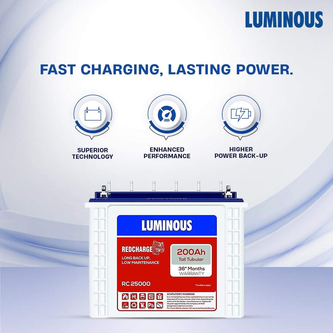 Luminous Inverter & Battery Combo with Trolley for Home, Shop & Office – Power sine 1100 (900VA/12V) Pure Sine Wave Inverter + RC25000 200Ah Tall Tubular Battery | 36M Warranty on Inverter & Battery