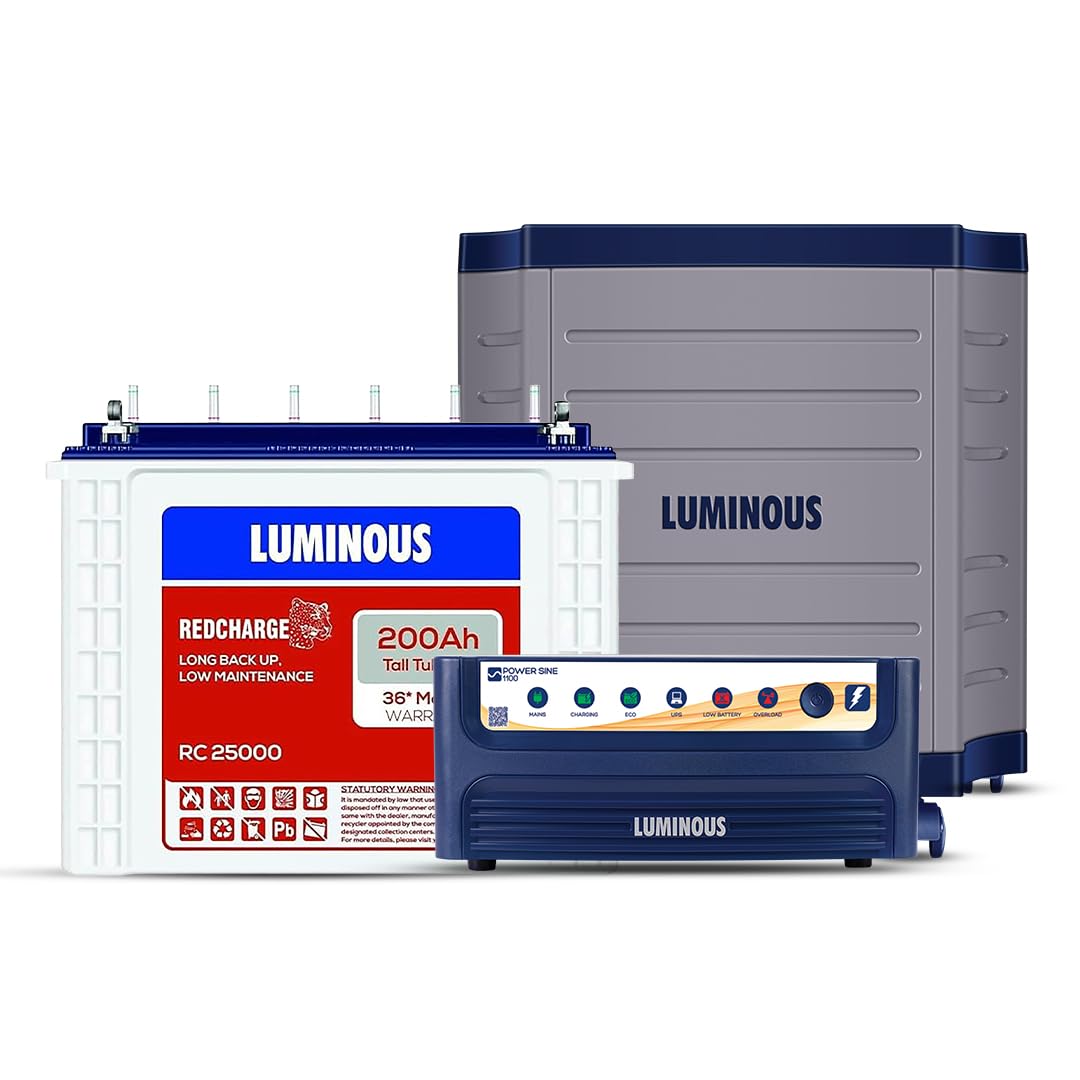 Luminous Inverter & Battery Combo with Trolley for Home, Shop & Office – Power sine 1100 (900VA/12V) Pure Sine Wave Inverter + RC25000 200Ah Tall Tubular Battery | 36M Warranty on Inverter & Battery