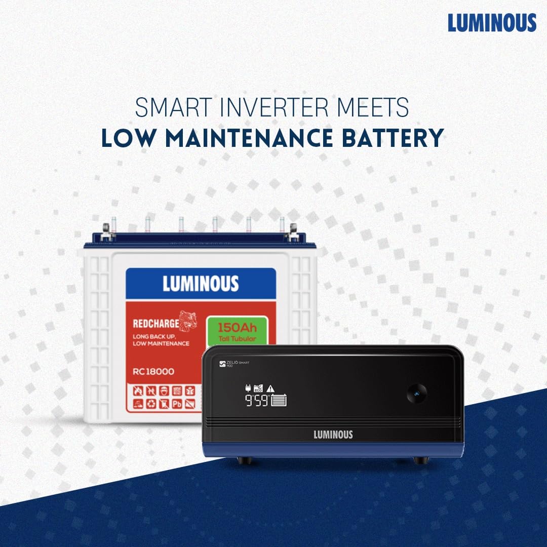 Luminous Inverter & Battery Combo for Home, Shop & Office – Zelio+ 1100 (900VA/12V) Pure Sine Wave Inverter + RC18000 150Ah Tall Tubular Battery | 36M Warranty on Inverter & Battery