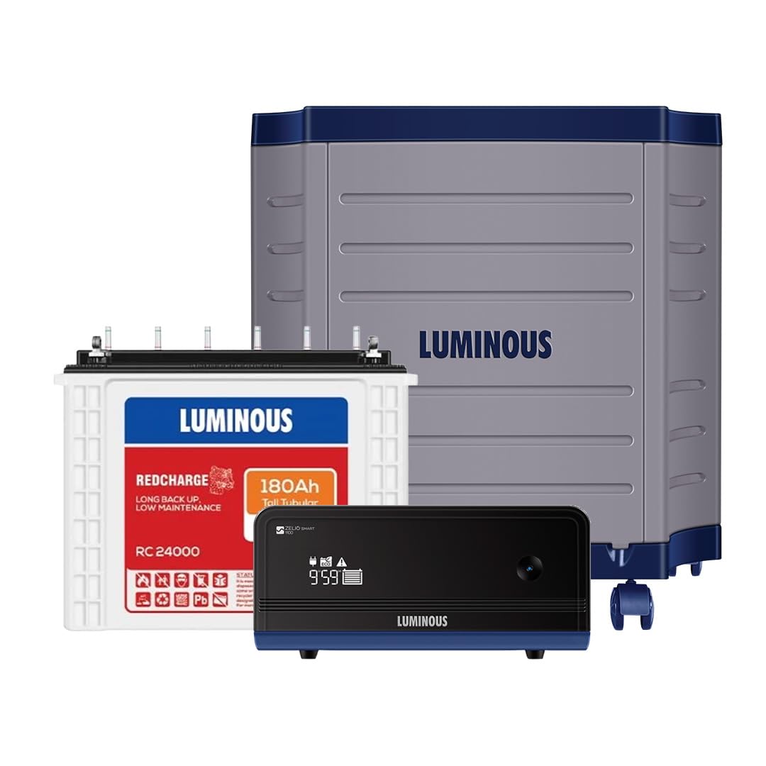 Luminous Inverter & Battery Combo with Trolley for Home, Shop & Office – Zelio+ 1100 (900VA/12V) Pure Sine Wave Inverter + RC24000 180Ah Tall Tubular Battery | 36M Warranty on Inverter & Battery