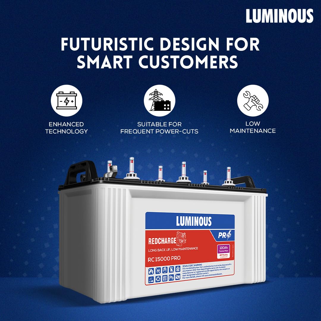 Luminous Inverter & Battery Combo with Trolley (Zolt 1100 Pure Sine Wave 900VA/12V Inverter, Red Charge RC 15000ST PRO Short Tubular 120 Ah Battery with Trolley) for Home, Office & Shops