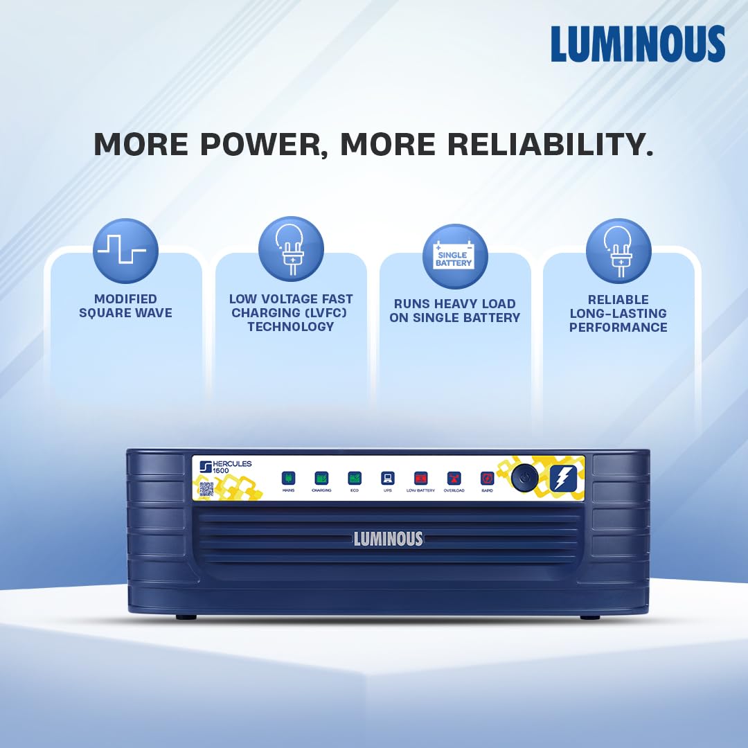 Luminous Inverter & Battery Combo (Hercules 1600 Square Wave 1500VA/12V Inverter with ILTT28060 Tall Tubular 250Ah Battery) for Home, Office & Shops