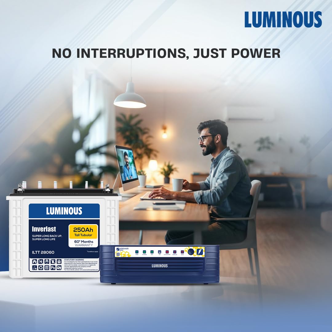 Luminous Inverter & Battery Combo (Hercules 1600 Square Wave 1500VA/12V Inverter with ILTT28060 Tall Tubular 250Ah Battery) for Home, Office & Shops