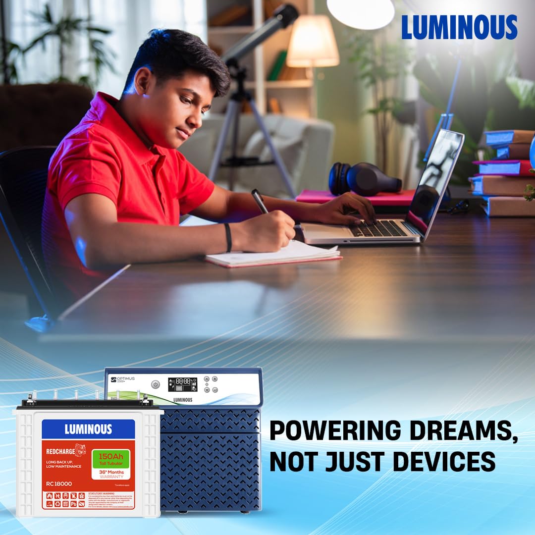 Luminous Inverter & Battery Combo for Home, Shop & Office – Optimus 2300 Pure Sine Wave 2000VA/24V Inverter + 2X RC18000 150Ah Tall Tubular Batteries | 36M Warranty on Inverter & Battery
