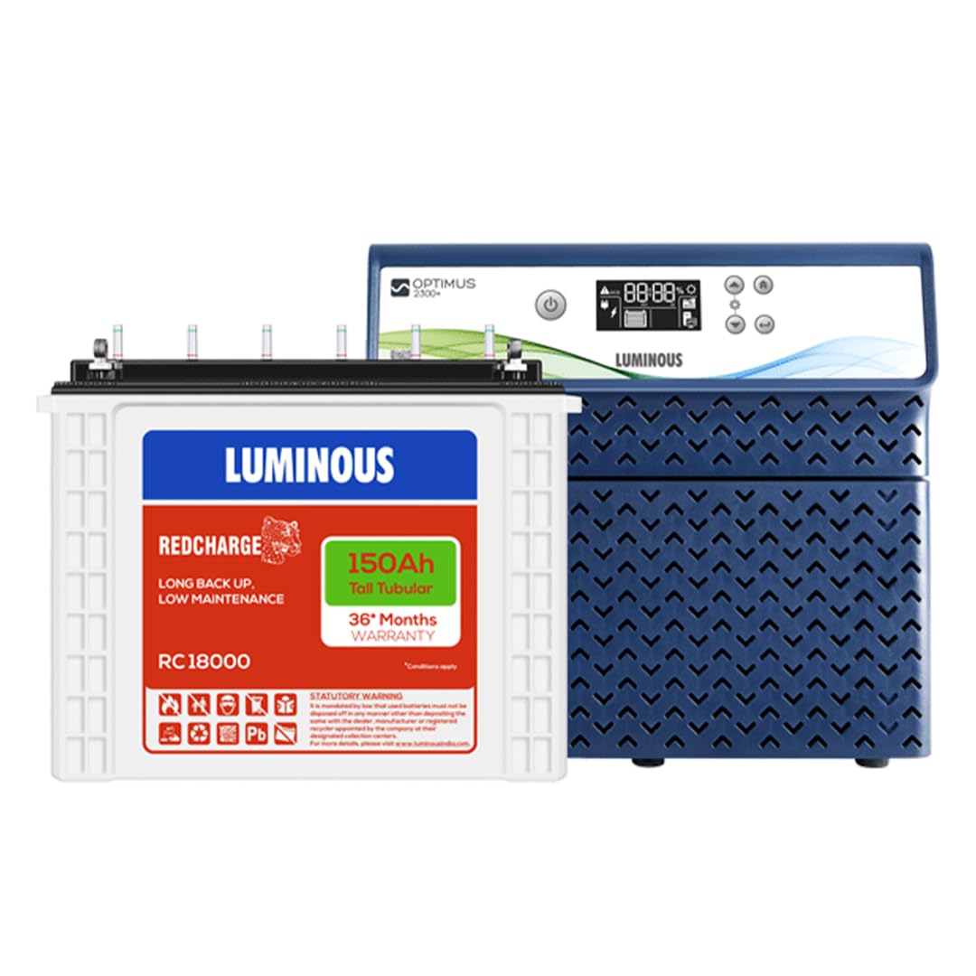 Luminous Inverter & Battery Combo for Home, Shop & Office – Optimus 2300 Pure Sine Wave 2000VA/24V Inverter + 2X RC18000 150Ah Tall Tubular Batteries | 36M Warranty on Inverter & Battery