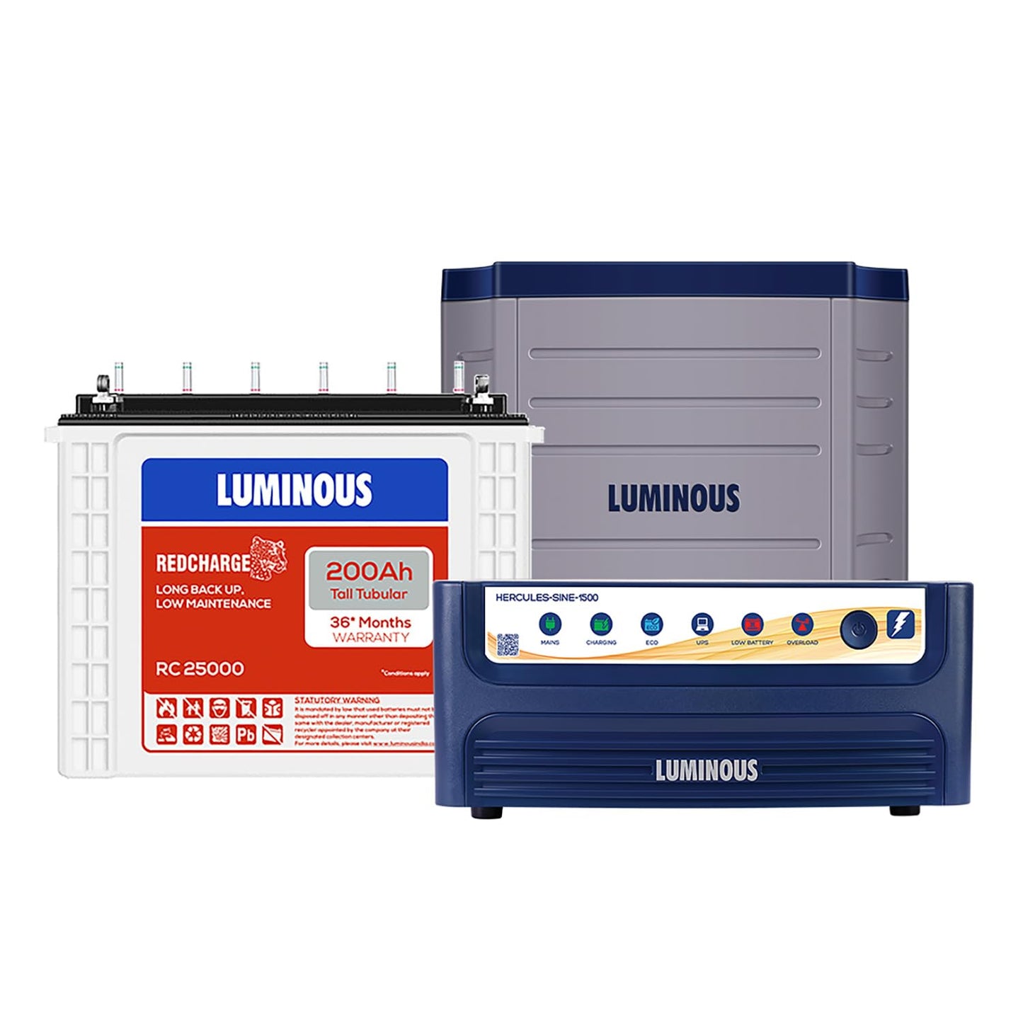 Luminous Inverter & Battery Combo with Trolley for Home, Shop & Office – Hercules 1500 (1400VA/12V) Square Wave Inverter + RC25000 200Ah Tall Tubular Battery | 36M Warranty on Inverter & Battery