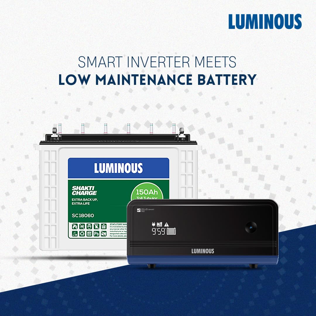Luminous Zelio+ 1100 Pure Sine Wave 900VA/12V Inverter with Shakti Charge SC 18060 150 Ah Tall Tubular Battery for Home, Office & Shops