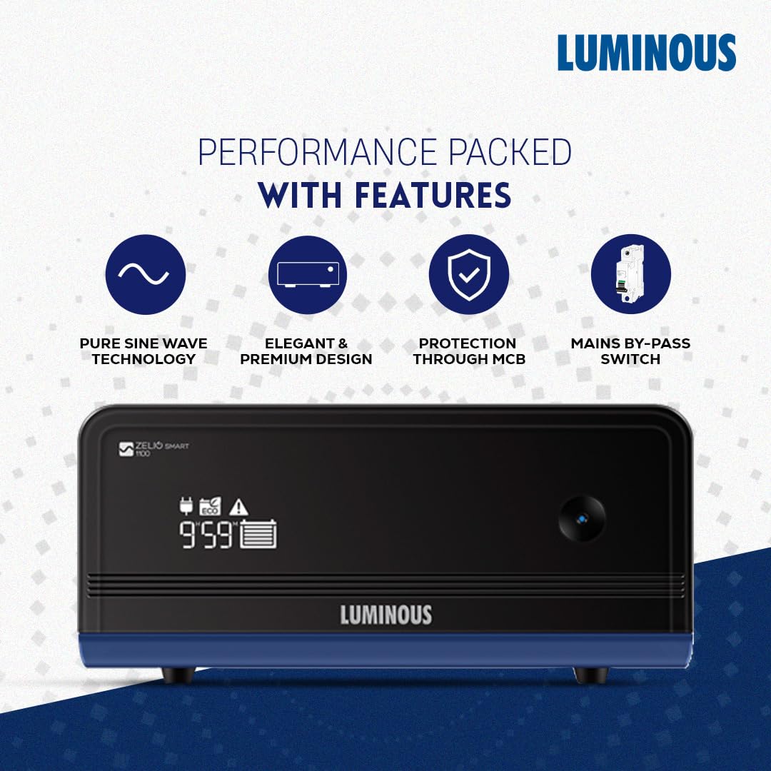 Luminous Zelio+ 1100 Pure Sine Wave 900VA/12V Inverter with Shakti Charge SC 18060 150 Ah Tall Tubular Battery for Home, Office & Shops