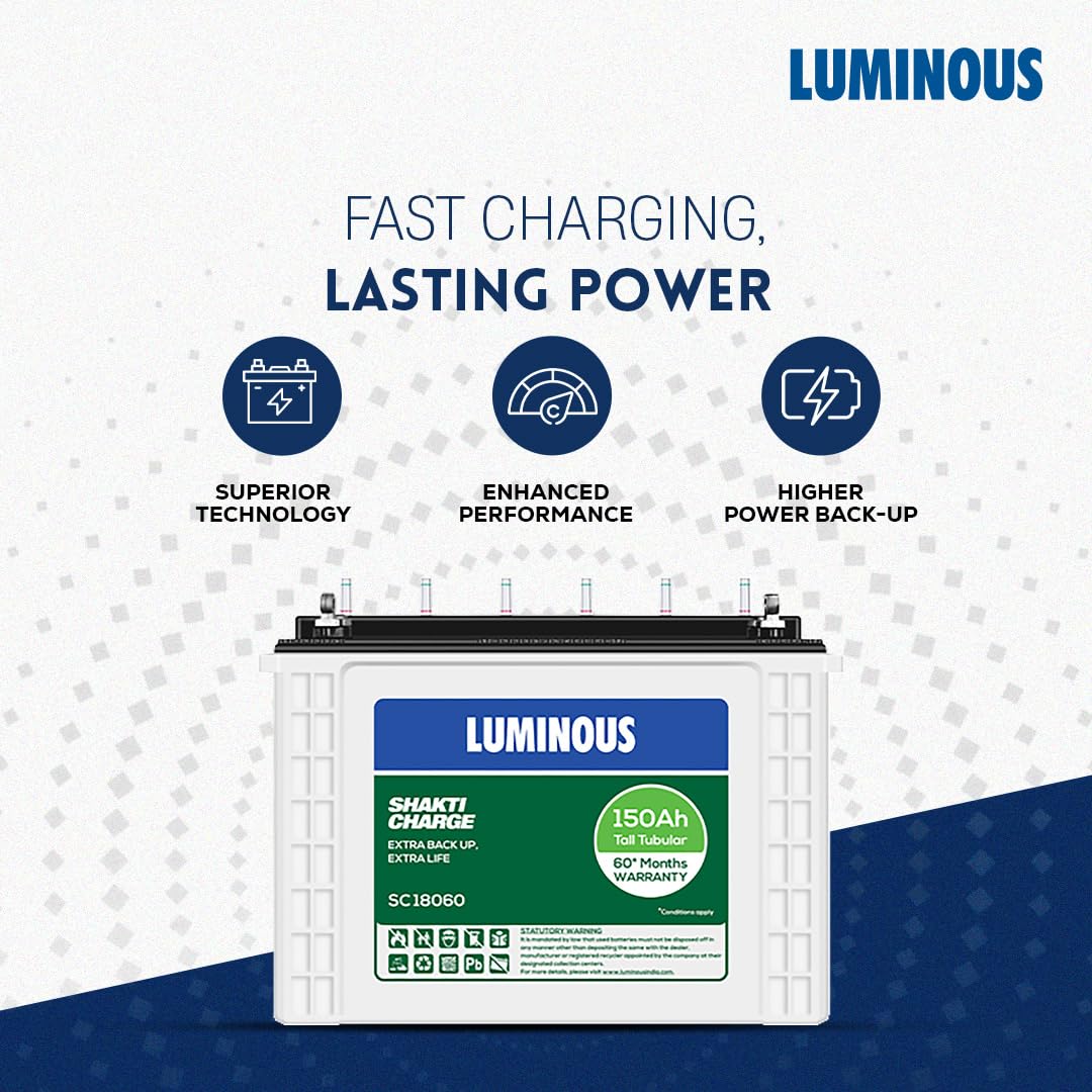 Luminous Zelio+ 1100 Pure Sine Wave 900VA/12V Inverter with Shakti Charge SC 18060 150 Ah Tall Tubular Battery for Home, Office & Shops