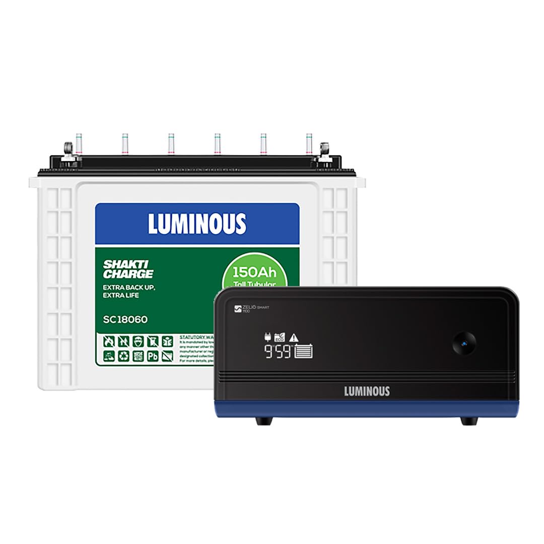 Luminous Zelio+ 1100 Pure Sine Wave 900VA/12V Inverter with Shakti Charge SC 18060 150 Ah Tall Tubular Battery for Home, Office & Shops