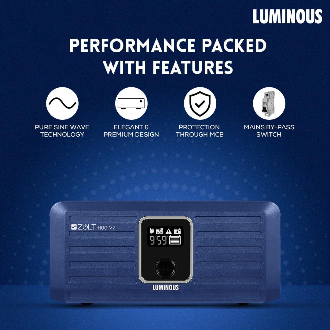 Luminous Inverter & Battery Combo for Home, Shop & Office – Zolt 1100 (900VA/12V) Pure Sine Wave Inverter + RC18000 150Ah Tall Tubular Battery | 36M Warranty on Inverter & Battery