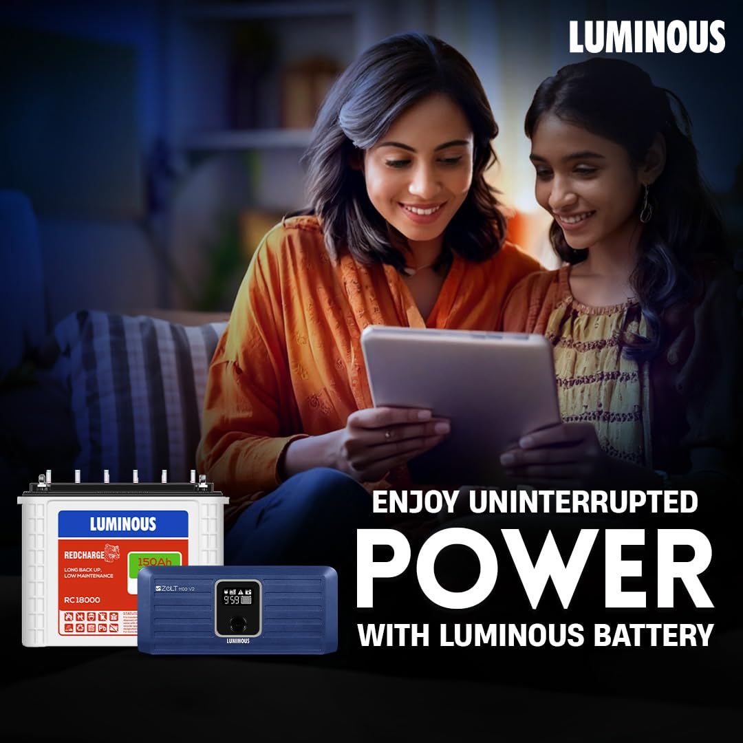 Luminous Inverter & Battery Combo for Home, Shop & Office – Zolt 1100 (900VA/12V) Pure Sine Wave Inverter + RC18000 150Ah Tall Tubular Battery | 36M Warranty on Inverter & Battery