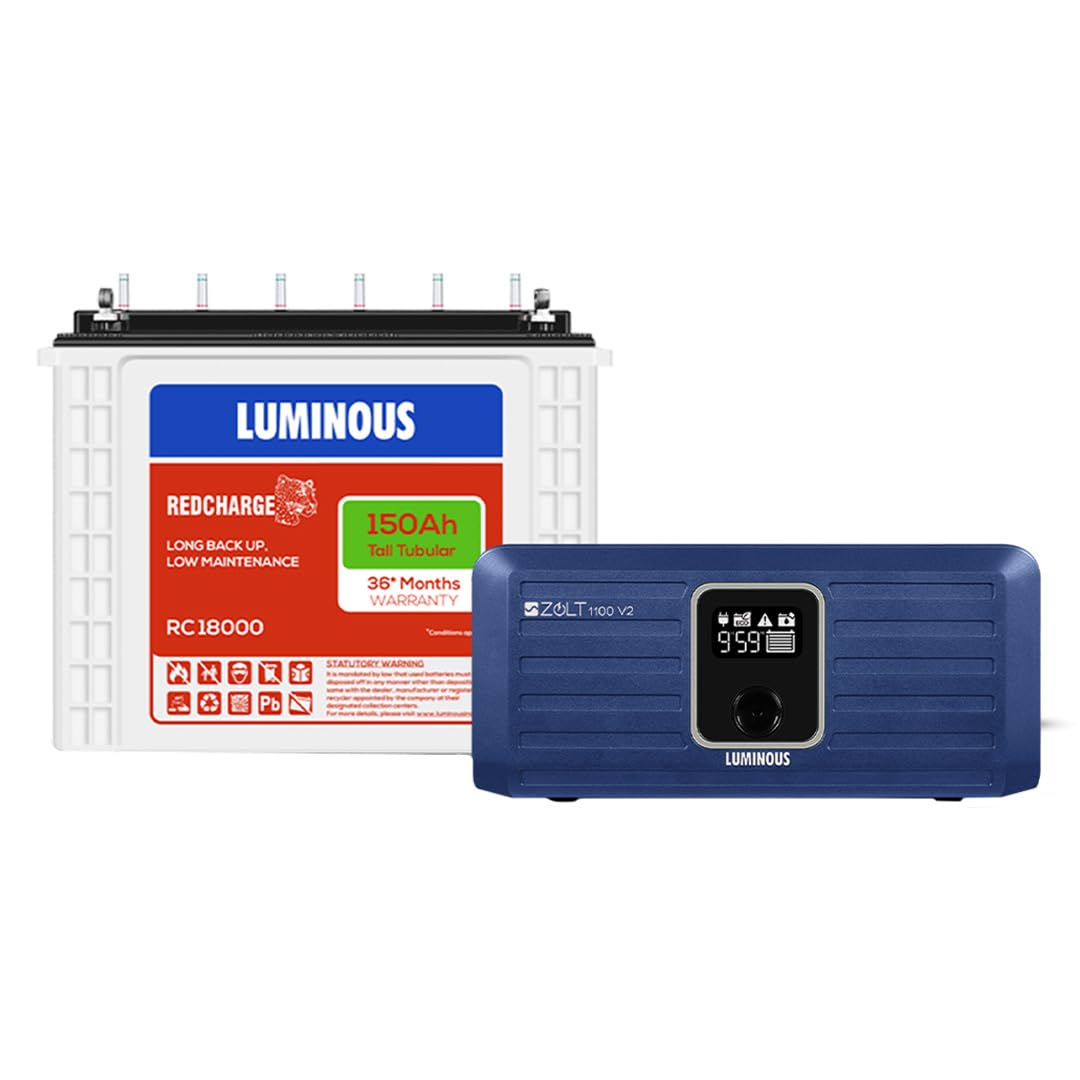 Luminous Inverter & Battery Combo for Home, Shop & Office – Zolt 1100 (900VA/12V) Pure Sine Wave Inverter + RC18000 150Ah Tall Tubular Battery | 36M Warranty on Inverter & Battery