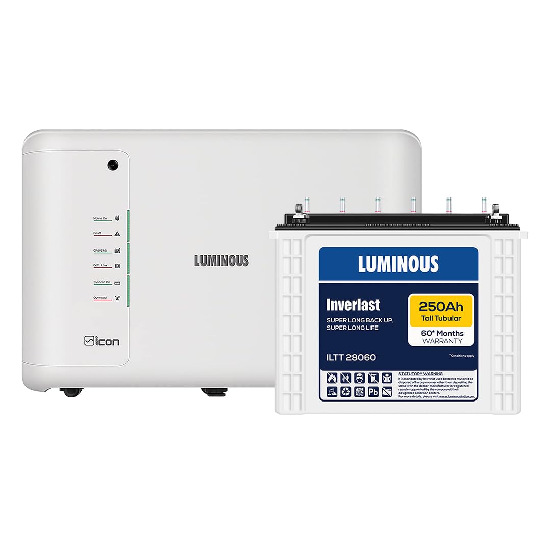 Luminous ICON 1600 Pure Sine Wave 1400 VA Inverter with ILTT28060 Tall Tubular 250Ah Battery Combo for Home, Shops & Office | Reliable Backup | 36 Months(Inverter) and 60 Months(Battery)