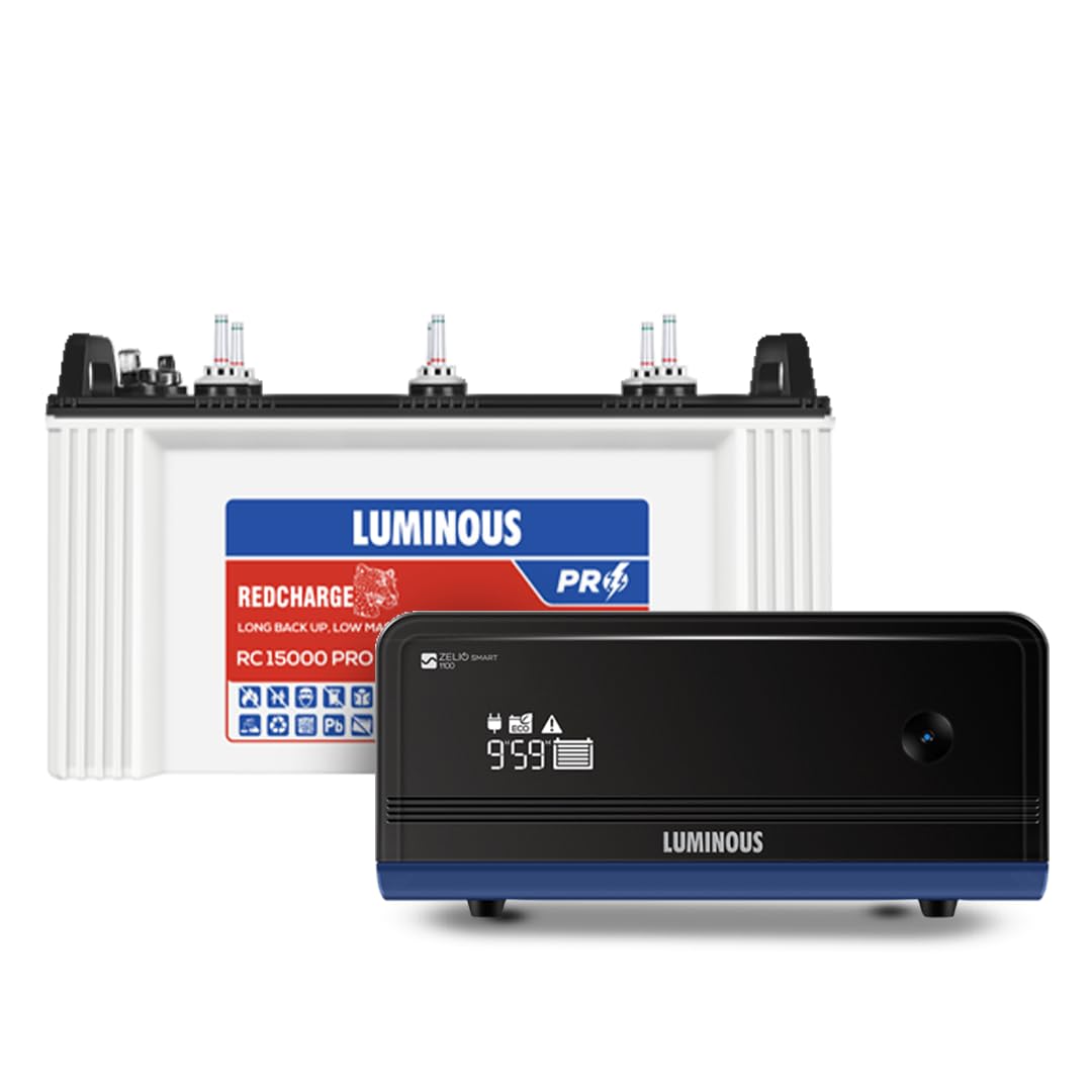 Luminous Zelio+ 1100 Pure Sine Wave Inverter with Red Charge 15000 PRO 120 Ah Recyclable Tubular Battery for Home, Office & Shops (Blue & White)
