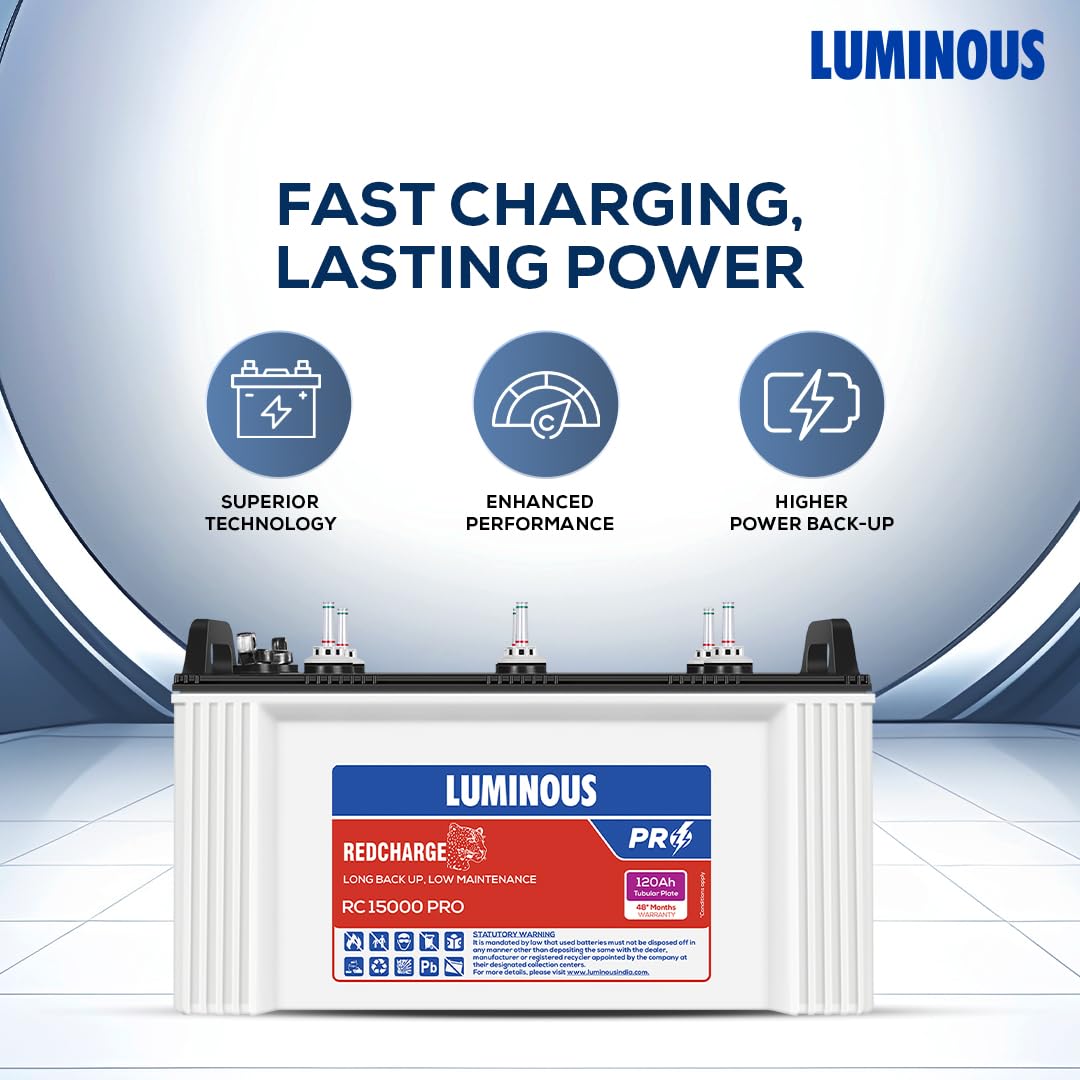 Luminous Inverter & Battery Combo for Home, Office & Shops (Eco Volt Neo 850 Pure Sine Wave Inverter, RC 15000 PRO 120 Ah Short Tubular Inverter Battery, Trolley)