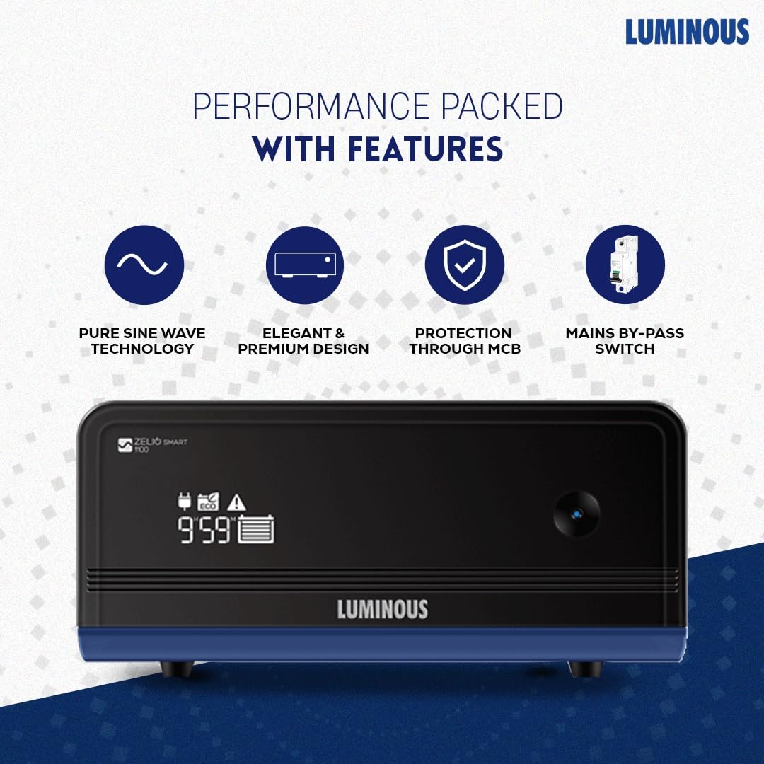 Luminous Inverter & Battery Combo with Trolley for Home, Shop & Office – Zelio+ 1100 (900VA/12V) Pure Sine Wave Inverter + RC18000ST 150Ah Short Tubular Battery | 36M Warranty on Inverter & Battery