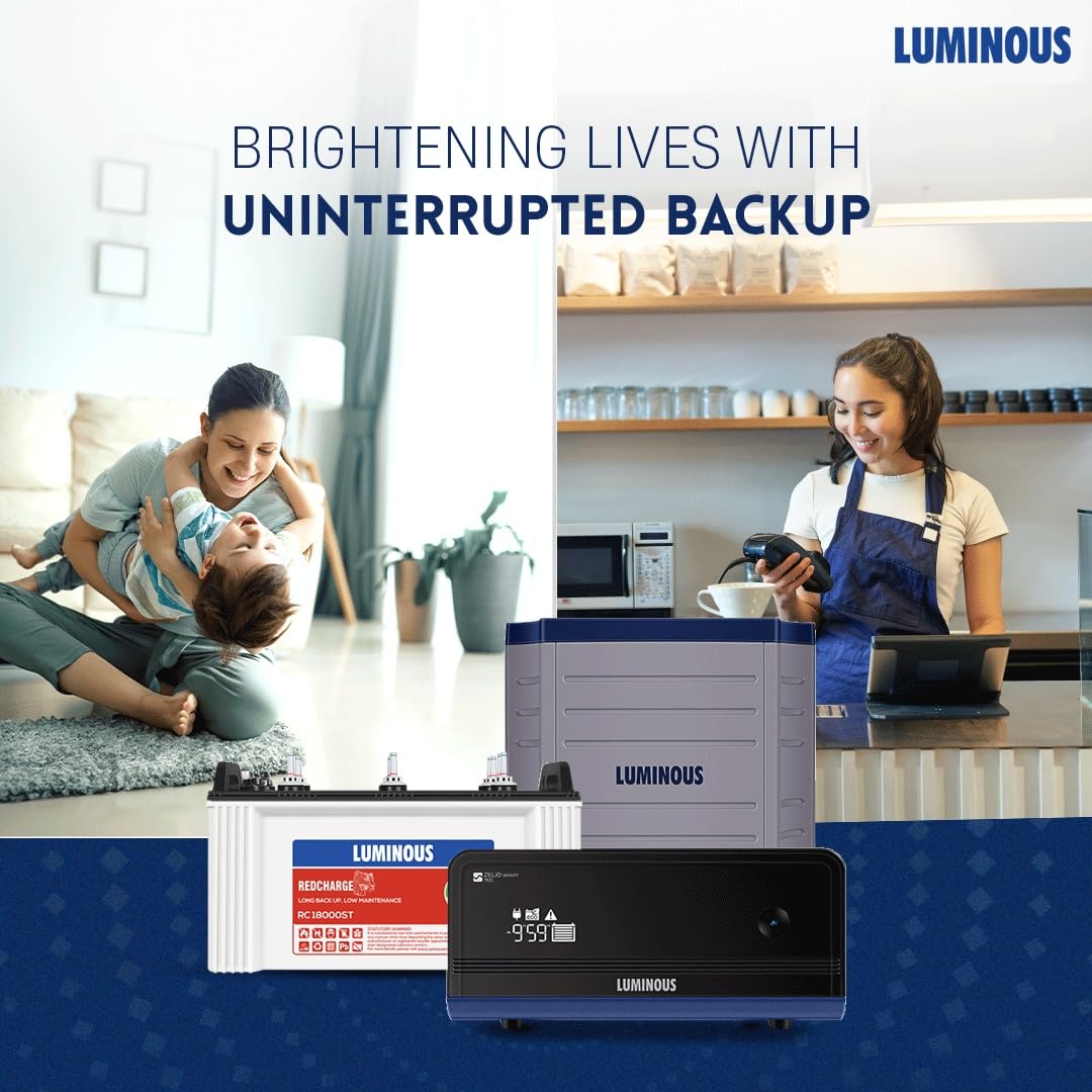 Luminous Inverter & Battery Combo with Trolley for Home, Shop & Office – Zelio+ 1100 (900VA/12V) Pure Sine Wave Inverter + RC18000ST 150Ah Short Tubular Battery | 36M Warranty on Inverter & Battery