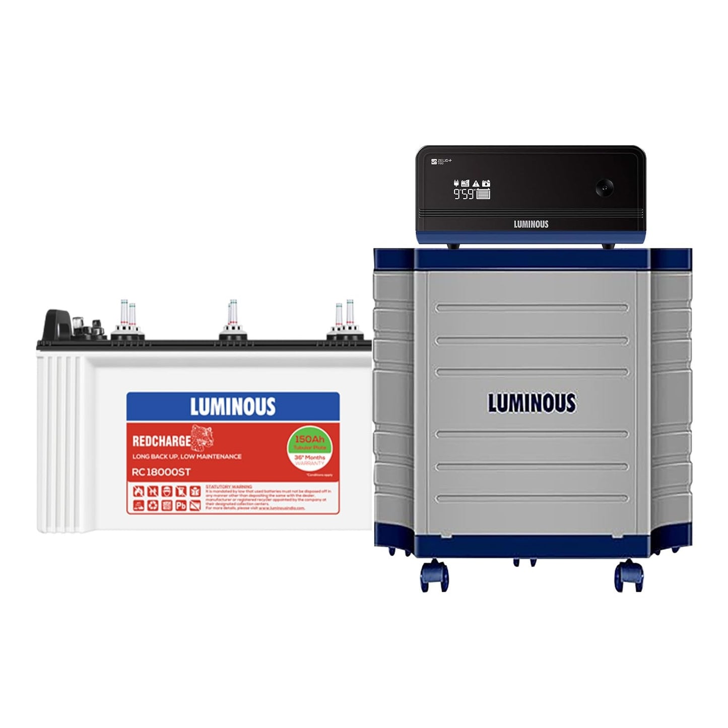 Luminous Inverter & Battery Combo with Trolley for Home, Shop & Office – Zelio+ 1100 (900VA/12V) Pure Sine Wave Inverter + RC18000ST 150Ah Short Tubular Battery | 36M Warranty on Inverter & Battery