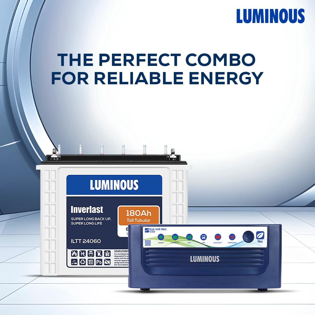 Luminous Inverter & Battery Combo for Home, Office & Shops (Eco Volt Neo 1050 Sine Wave Inverter, Inverlast ILTT 24060 180 Ah Tall Tubular Battery)