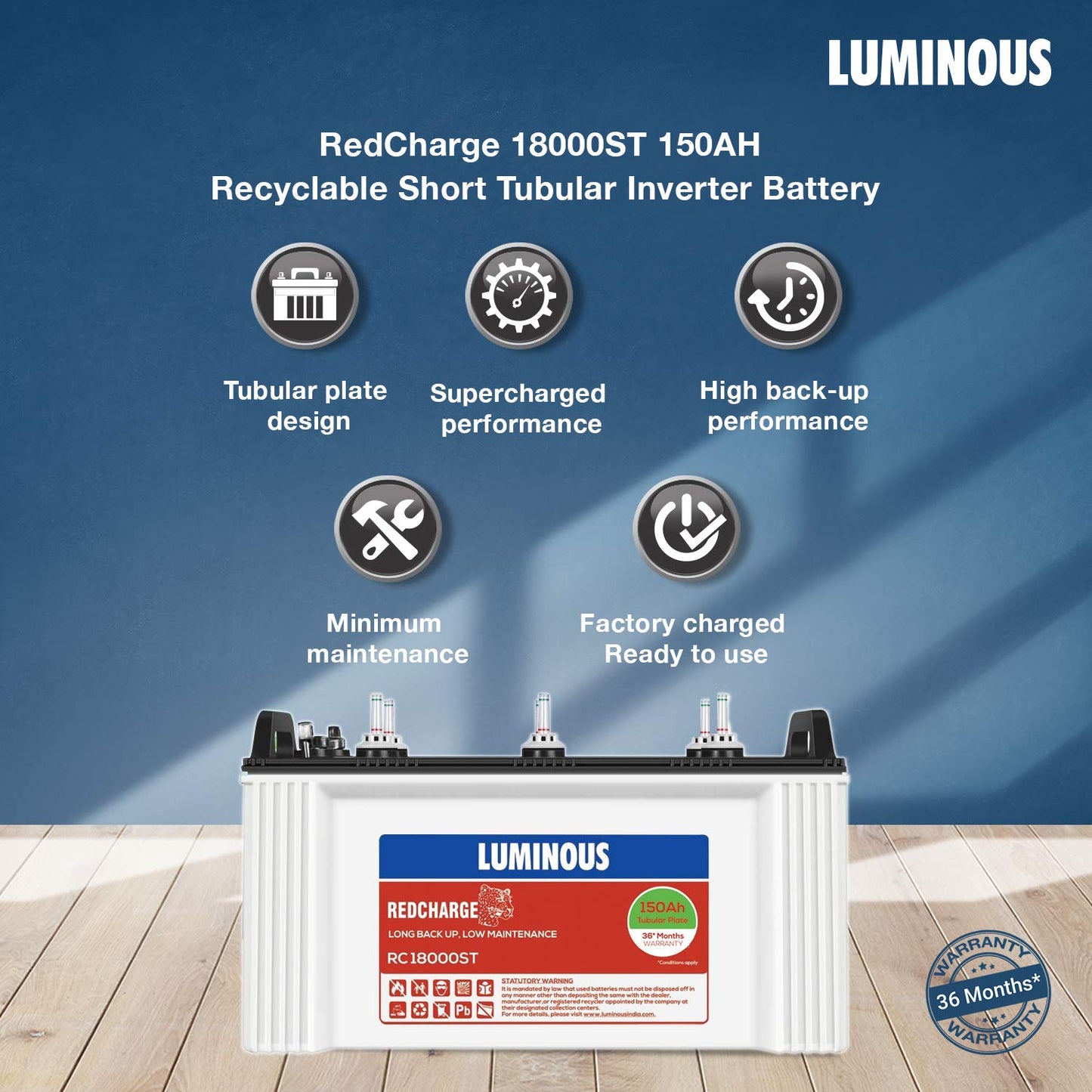 Luminous Inverter & Battery Combo (Zolt 1100 Pure Sine Wave 900VA/12V Inverter with Red Charge RC 18000ST Short Tubular 150AhBattery) for Home, Office & Shops