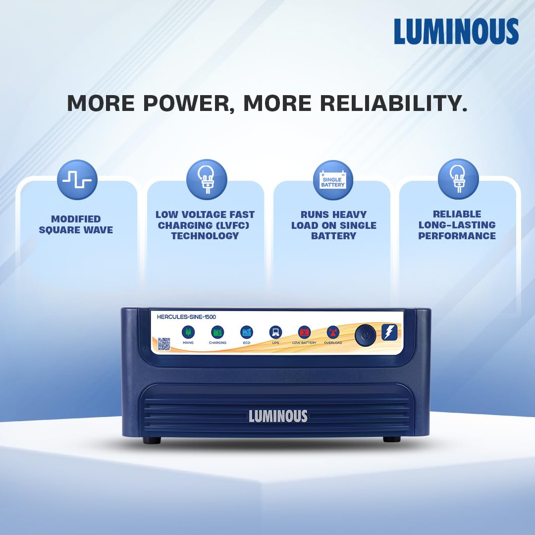 Luminous Inverter & Battery Combo (Hercules 1500 Pure Sine Wave 1400VA/12V Inverter with ILTT28060 Tall Tubular 250Ah Battery) for Home, Office & Shops