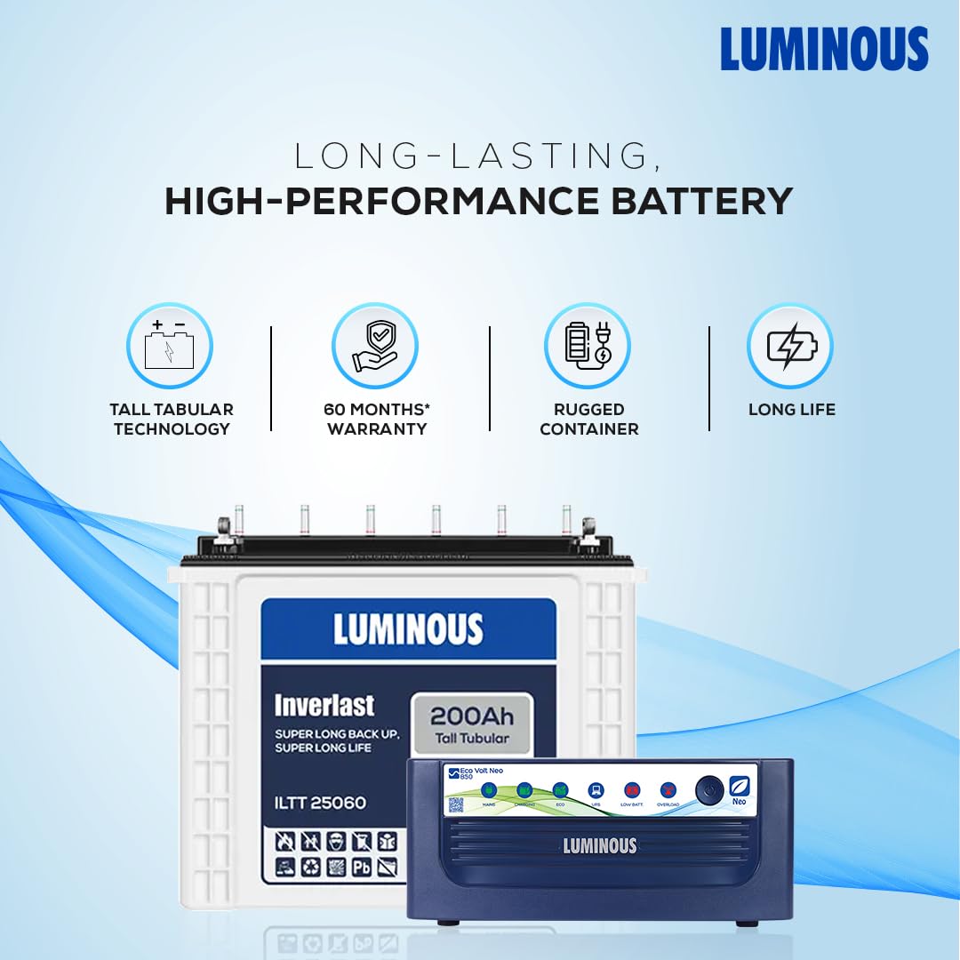 LUMINOUS Inverlast ILTT 25060 200Ah Tall Tubular Battery with Eco Volt Neo 850 Sine Wave Inverter Tubular Inverter Battery (200Ah)