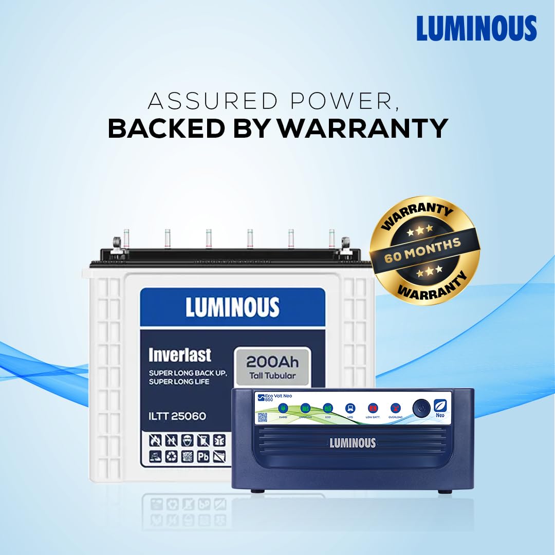 LUMINOUS Inverlast ILTT 25060 200Ah Tall Tubular Battery with Eco Volt Neo 850 Sine Wave Inverter Tubular Inverter Battery (200Ah)