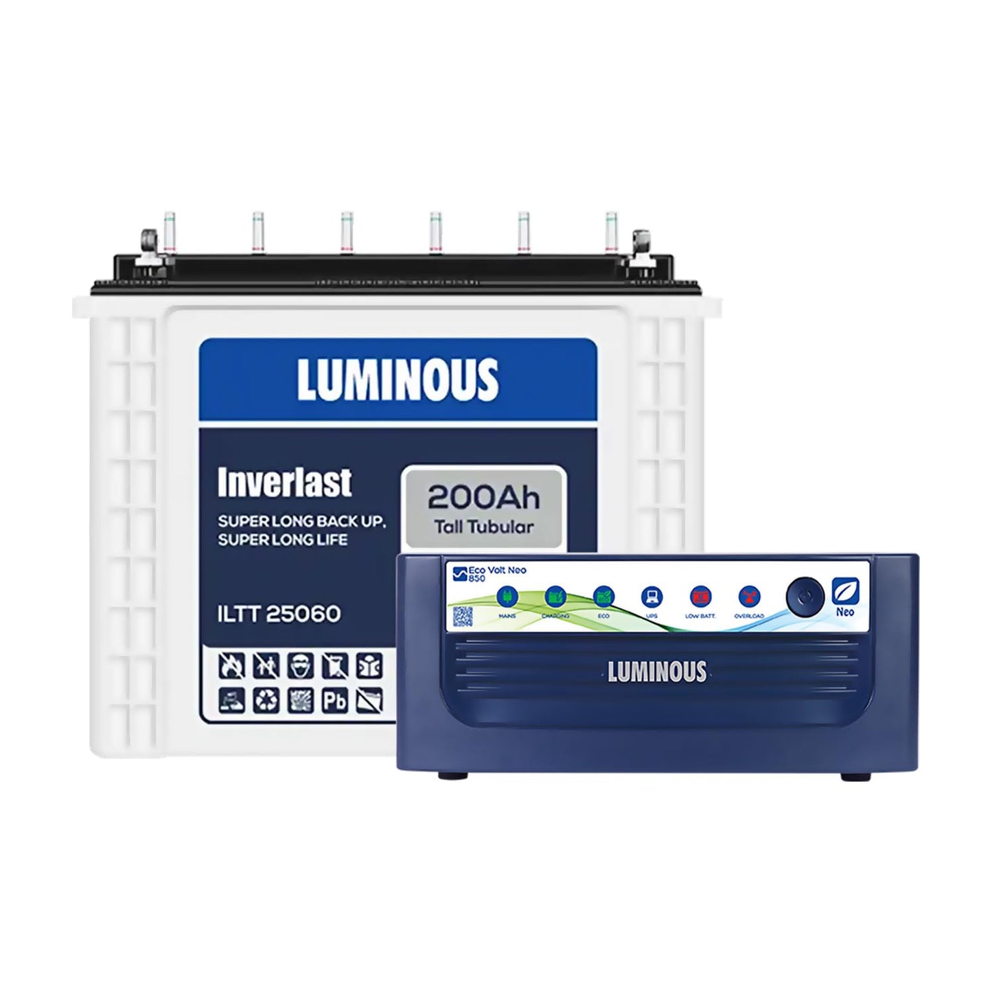 LUMINOUS Inverlast ILTT 25060 200Ah Tall Tubular Battery with Eco Volt Neo 850 Sine Wave Inverter Tubular Inverter Battery (200Ah)