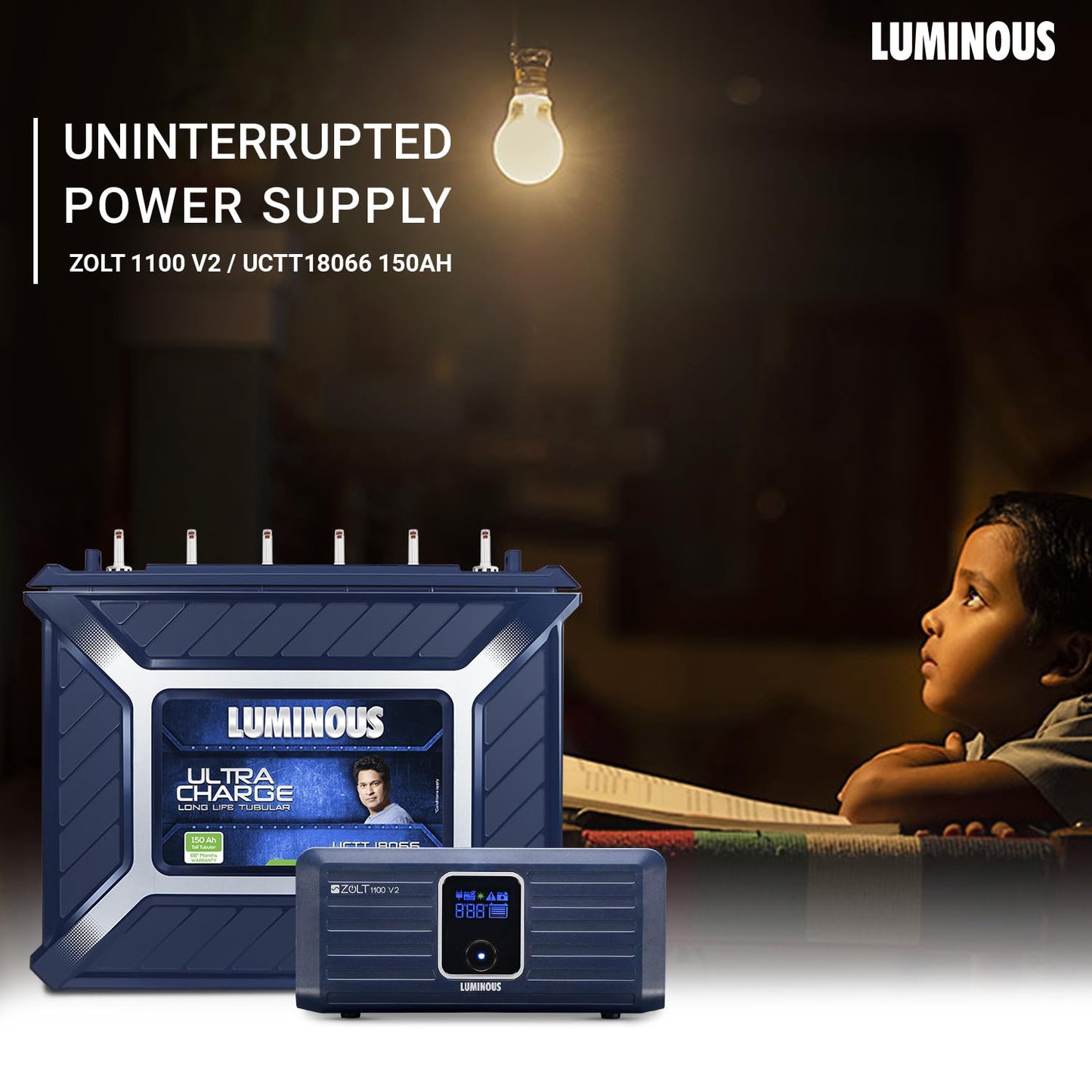 Luminous Inverter & Battery Combo (Zolt 1100 Pure Sine Wave 900VA/12V Inverter with UCTT 18066 Tall Tubular 150Ah Battery) for Home, Office & Shops