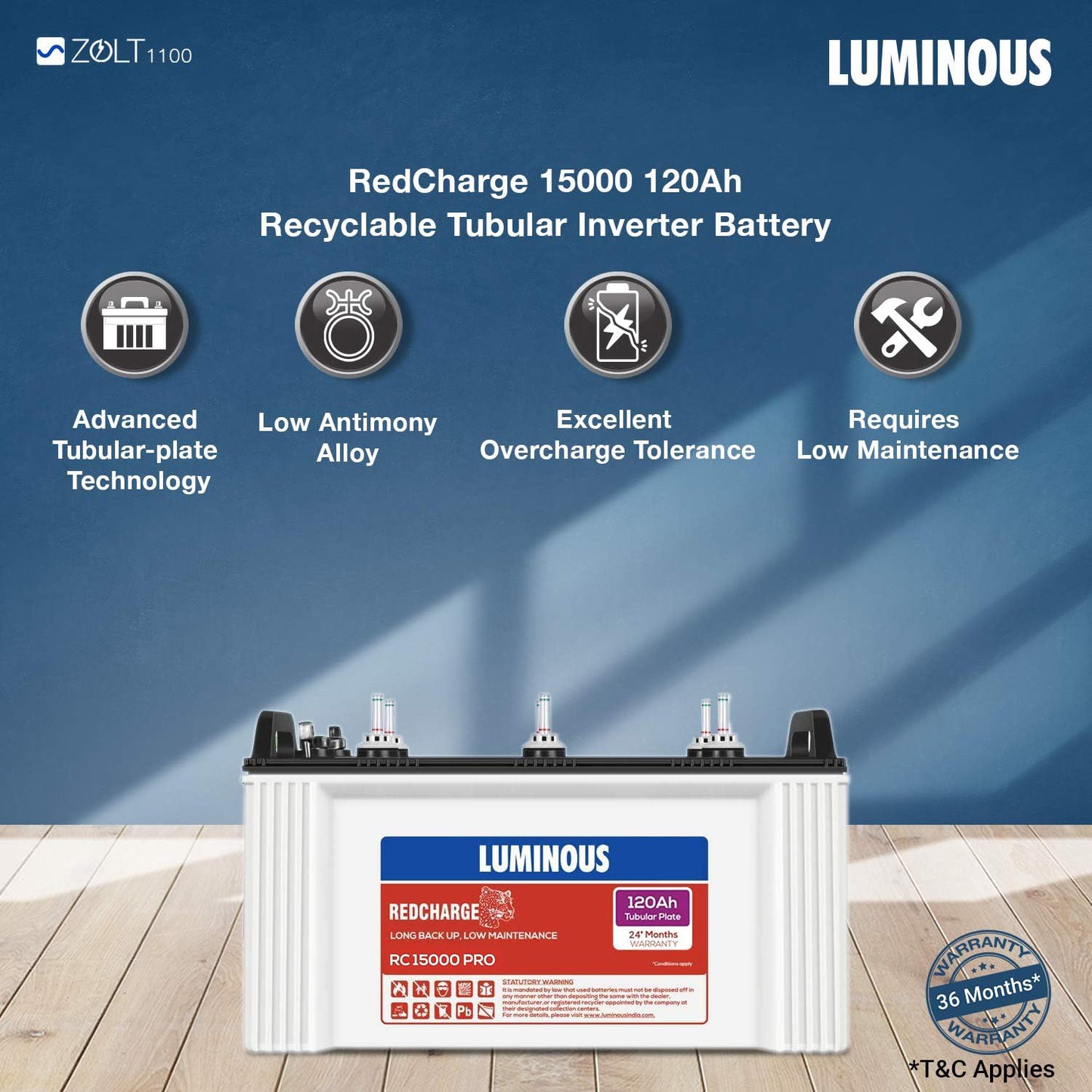 Luminous Inverter & Battery Combo (Zolt 1100 Pure Sine Wave 900VA/12V Inverter with Red Charge RC 15000PRO 120Ah Battery) for Home, Office & Shops