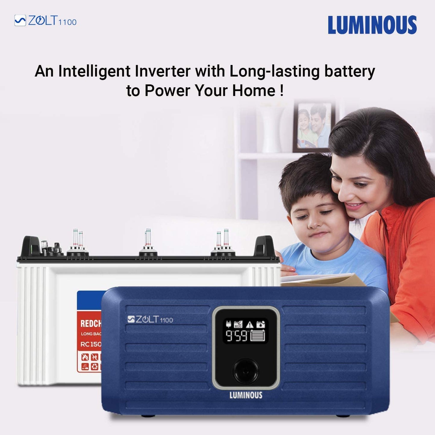 Luminous Inverter & Battery Combo (Zolt 1100 Pure Sine Wave 900VA/12V Inverter with Red Charge RC 15000PRO 120Ah Battery) for Home, Office & Shops