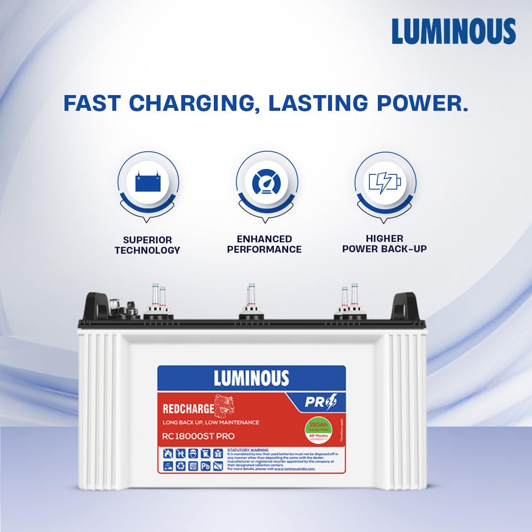 Luminous Inverter & Battery Combo (Power sine 800 Pure Sine Wave 700VA/12V Inverter with RC 18000ST PRO Short Tubular 150Ah Battery + Trolley) for Home, Office & Shops