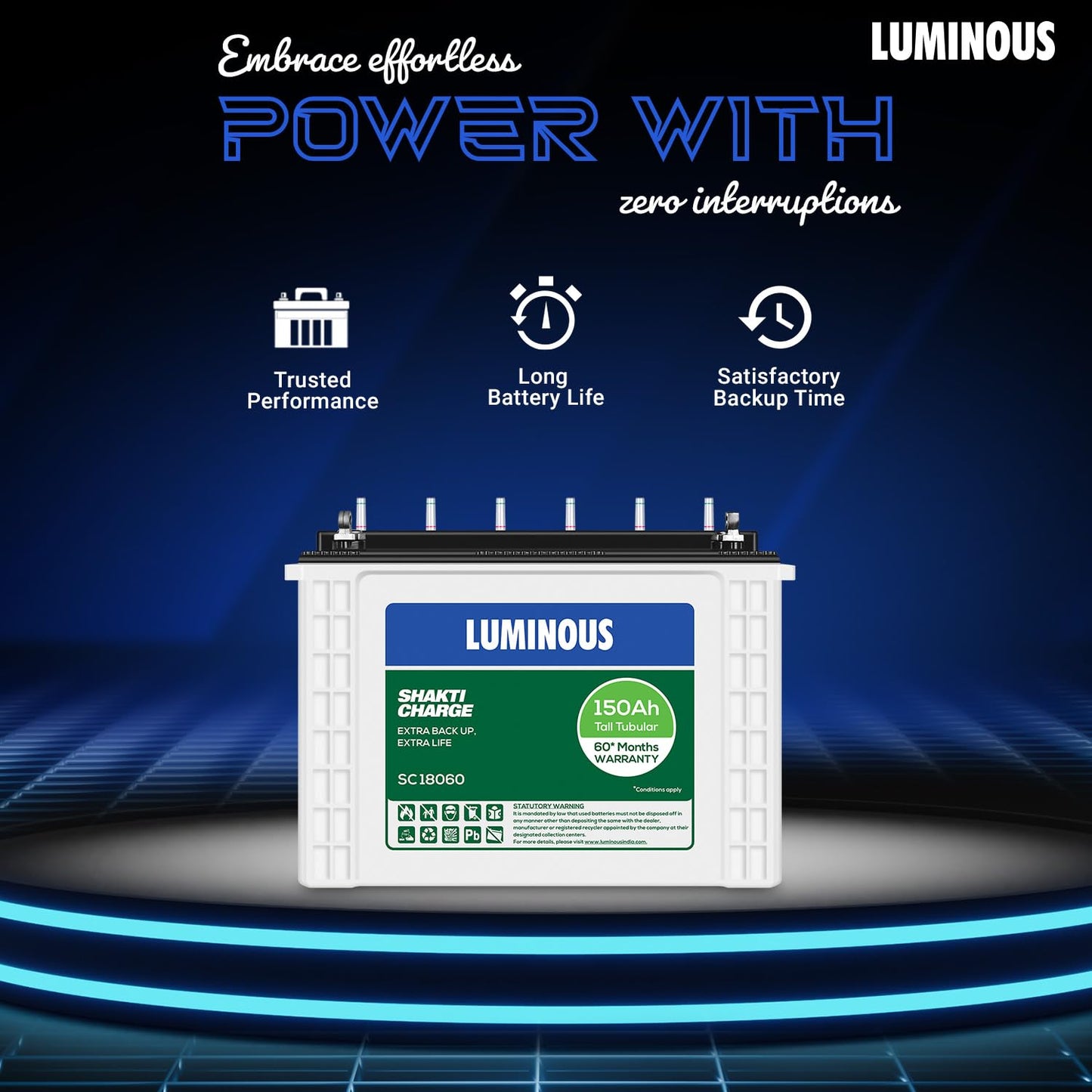 Luminous Inverter & Battery Combo (Power sine 800 Pure Sine Wave 700VA/12V Inverter with SC 18060 Tall Tubular 150Ah Battery) for Home, Office & Shops