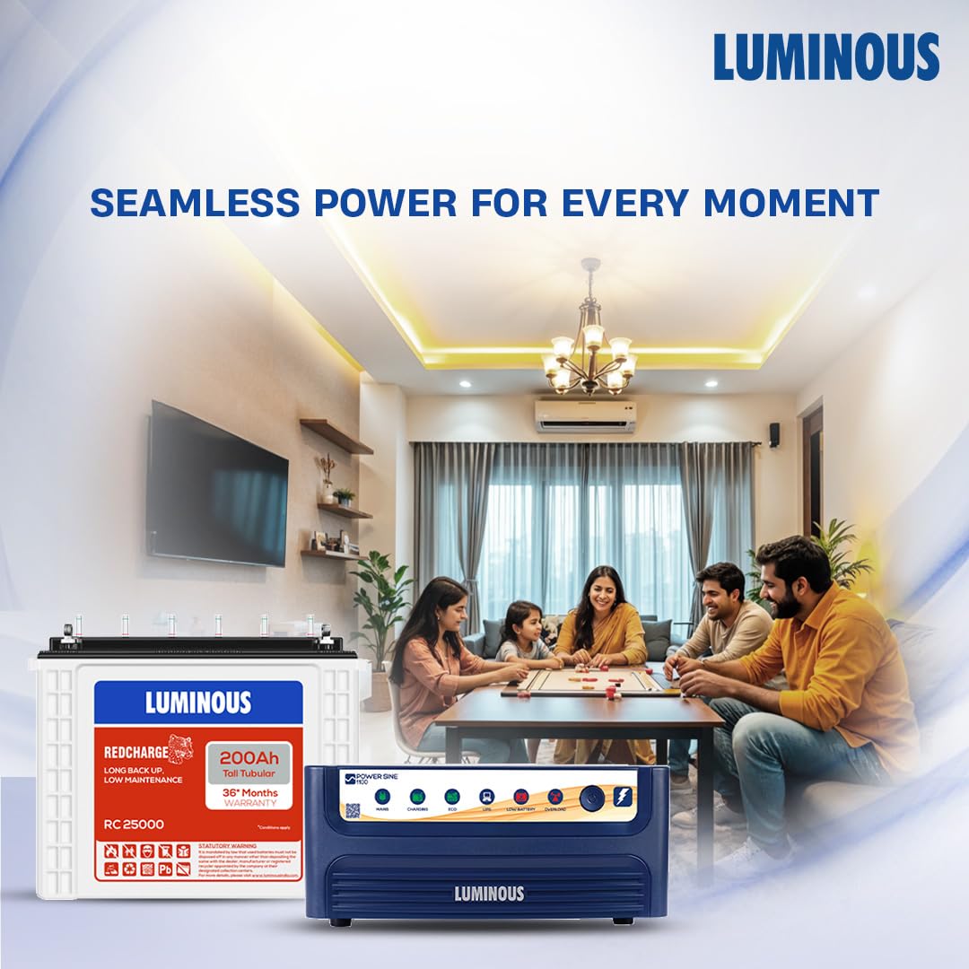 Luminous Inverter & Battery Combo for Home, Shop & Office – Power sine 1100 (900VA/12V) Pure Sine Wave Inverter + RC25000 200Ah Tall Tubular Battery | 36M Warranty on Inverter & Battery