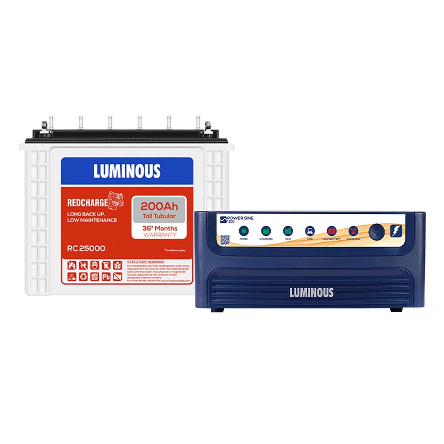 Luminous Inverter & Battery Combo for Home, Shop & Office – Power sine 1100 (900VA/12V) Pure Sine Wave Inverter + RC25000 200Ah Tall Tubular Battery | 36M Warranty on Inverter & Battery