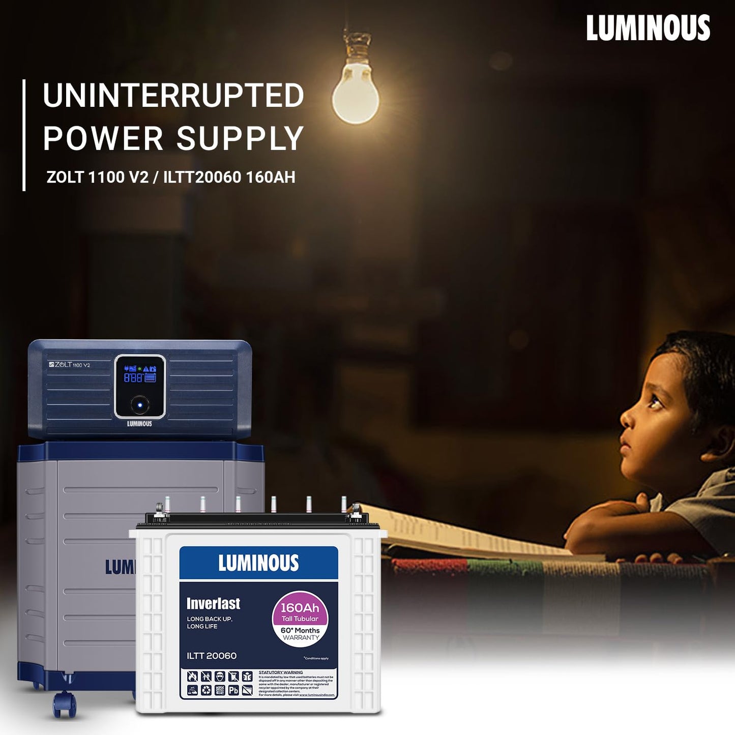 Luminous Inverter & Battery Combo (Zolt 1100 Pure Sine Wave 900VA/12V Inverter with ILTT20060 Tall Tubular 160Ah Battery + Trolley) for Home, Office & Shops