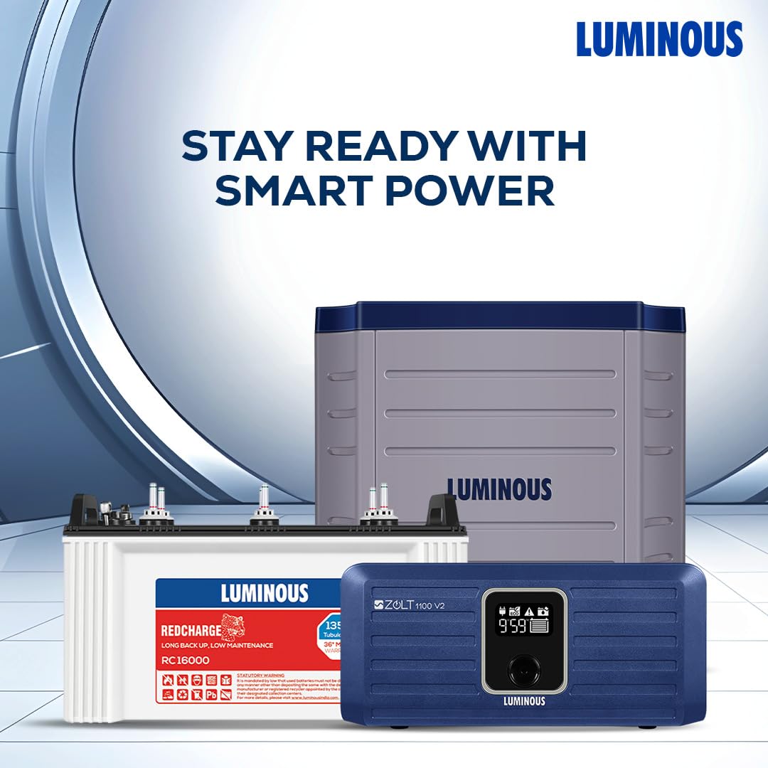Luminous Inverter & Battery Combo with Trolley for Home, Shop & Office – Zolt 1100 (900VA/12V) Pure Sine Wave Inverter + RC16000 135Ah Short Tubular Battery | 36M Warranty on Inverter & Battery