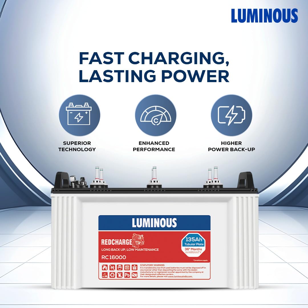 Luminous Inverter & Battery Combo with Trolley for Home, Shop & Office – Zolt 1100 (900VA/12V) Pure Sine Wave Inverter + RC16000 135Ah Short Tubular Battery | 36M Warranty on Inverter & Battery