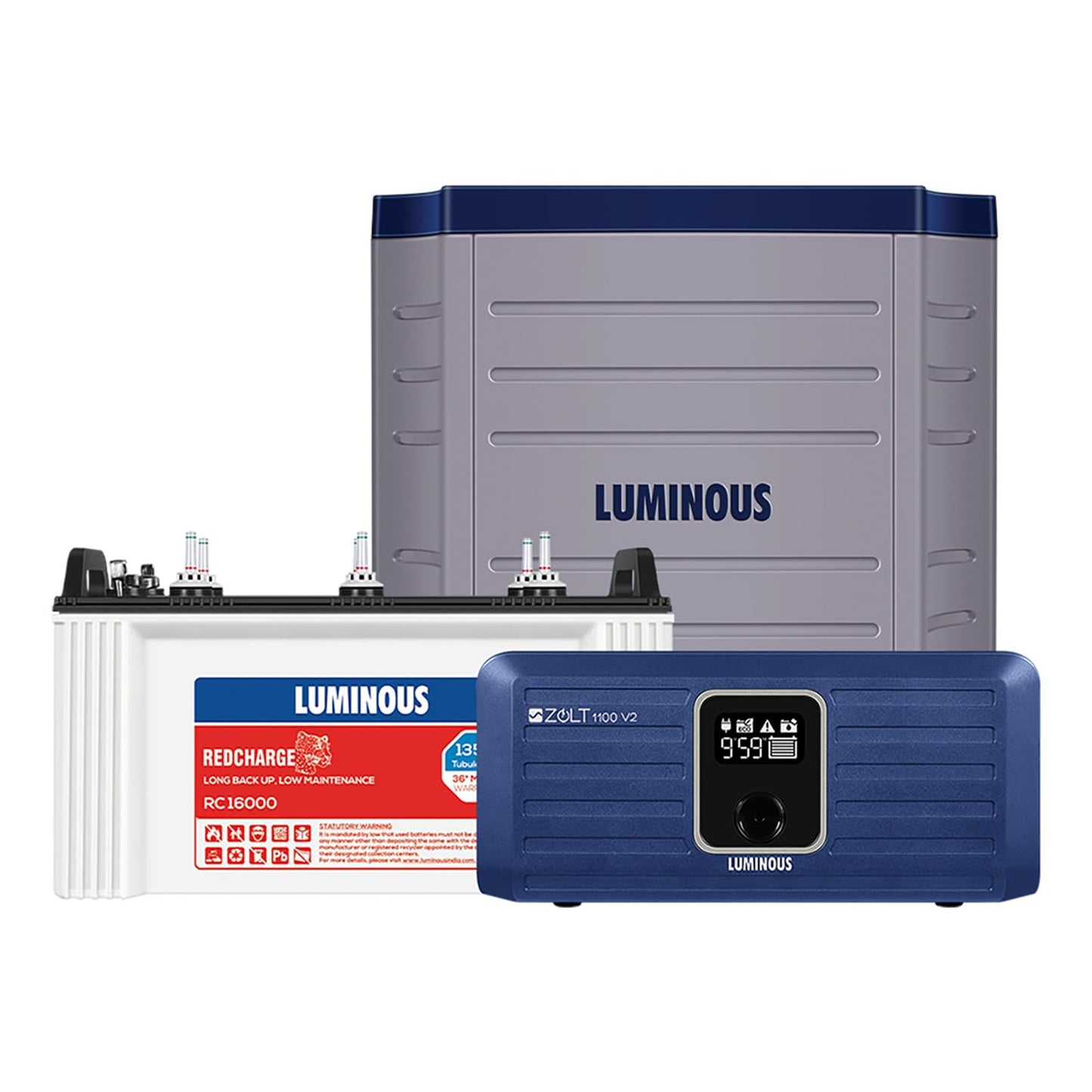 Luminous Inverter & Battery Combo with Trolley for Home, Shop & Office – Zolt 1100 (900VA/12V) Pure Sine Wave Inverter + RC16000 135Ah Short Tubular Battery | 36M Warranty on Inverter & Battery